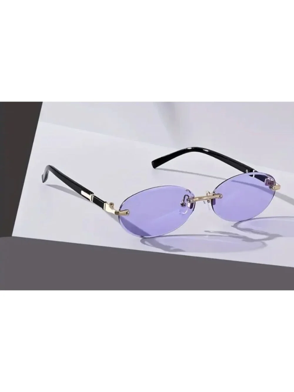 Oval Rimless Purple Lens Sunglasses With Gold & Black Metal Frame